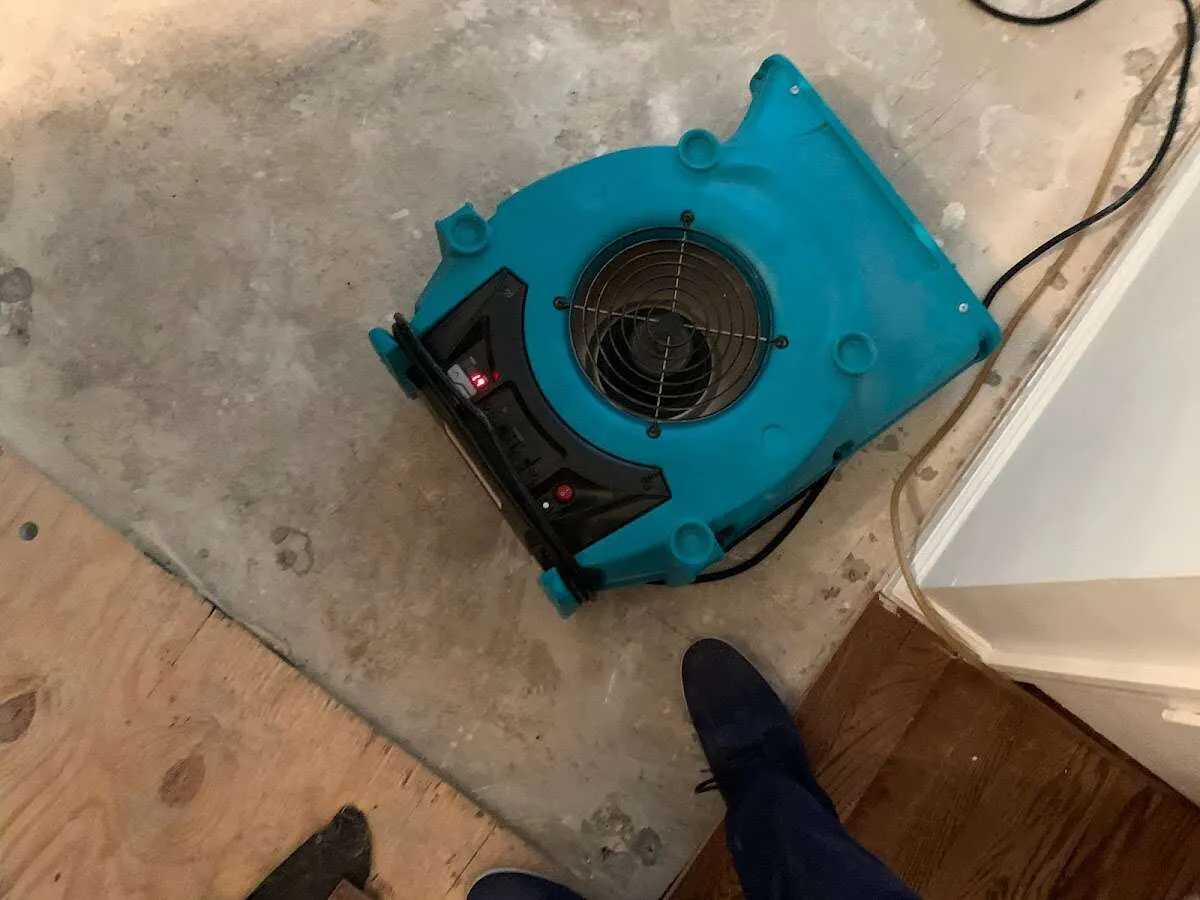 Air mover drying subfloor during Leak Detection & Repair in Fair Oaks
